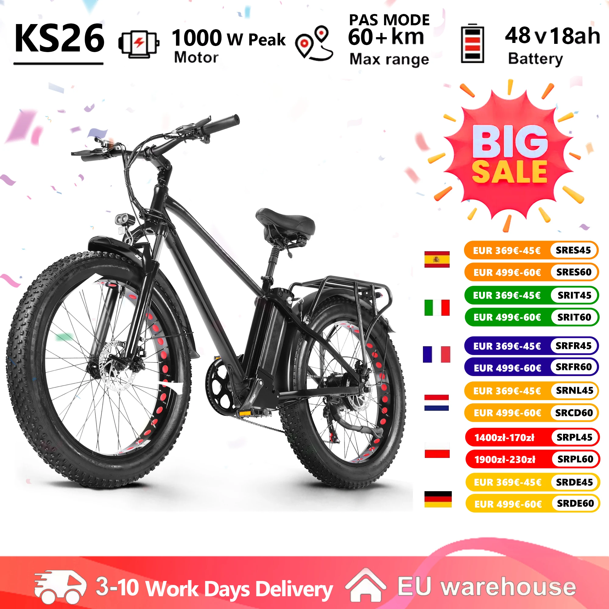 Vélo électrique CMACEWHEEL KS26 pour adultes, 48V 18AH, EBIKE PEAK 1000W, pneus larges, vélo de montagne électrique, 7 vitesses, E-Bike