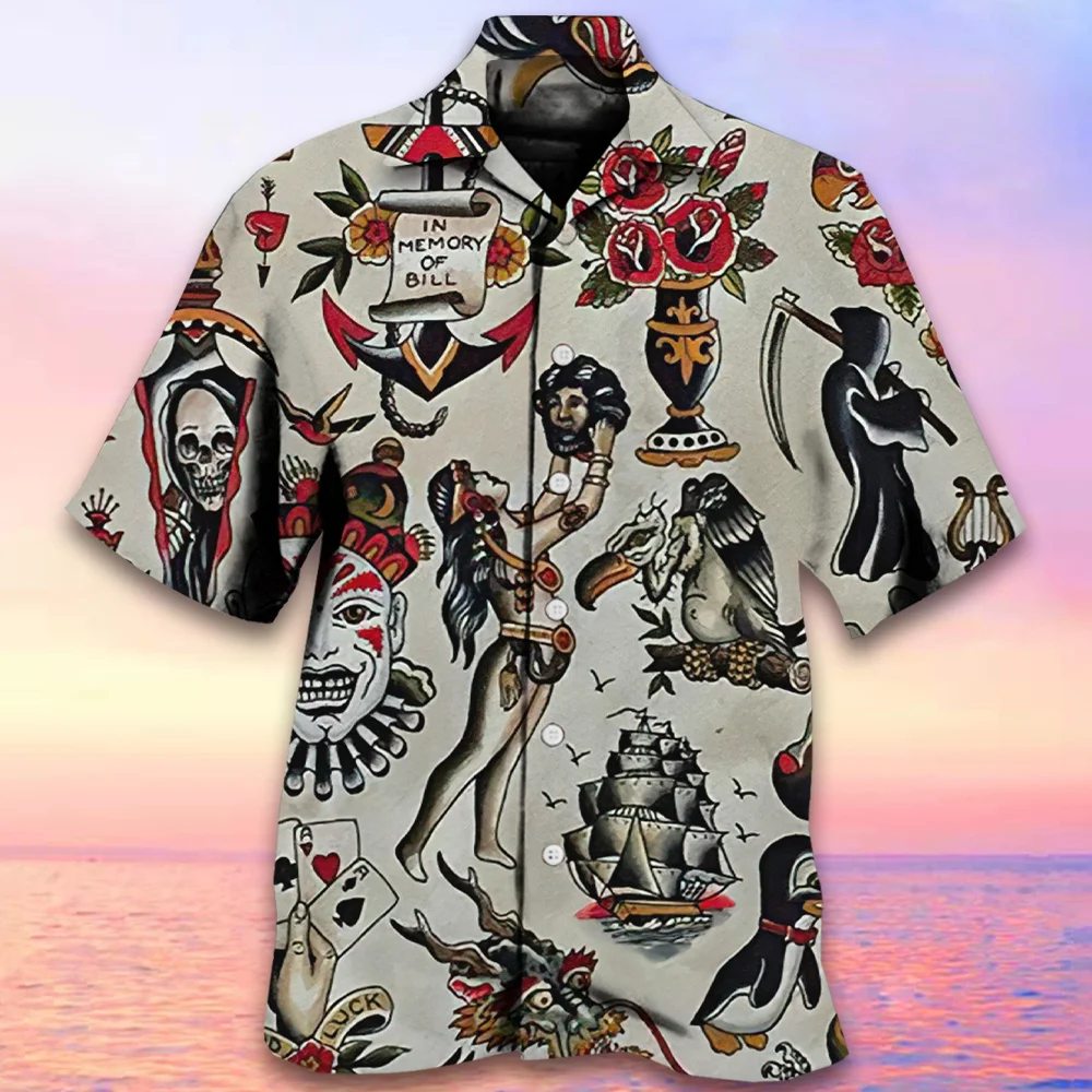 Retro Men\'s Shirt Fashion Skull Shirt For Men Hawaiian Shirts Man Casual Short Sleeve Oversized Shirts Summer New Male Clothing