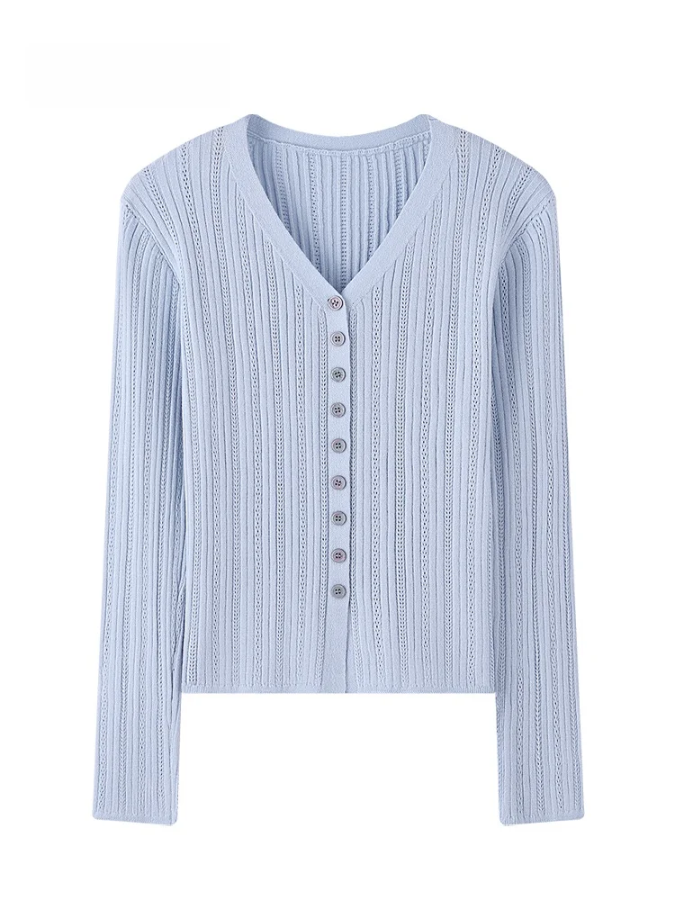 

JZZDEMM Women's Knitted Open Cardigan Hollow out Pattern Slim Fit Faionable Early Autumn New Sle Vertical Stripe Design