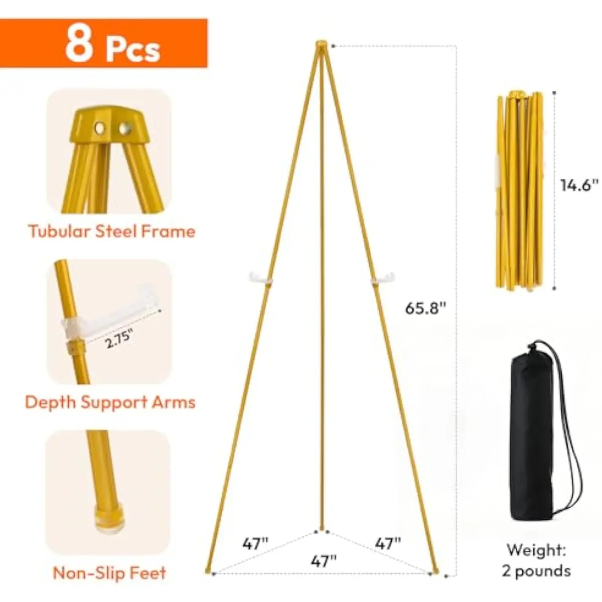 8 Lightweight Foldable Metal Easel Stands 66 Inch Tall Gold Finish With Carry Bags Easy One-Hand Setup Adjustable Height Anti-Sl