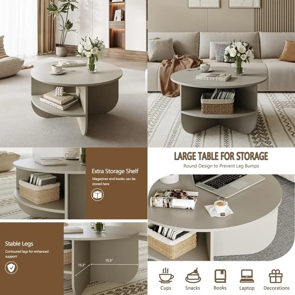 

Gray and Beige Small Storage End Table, 31.4 Wide Wood Living Room Coffee Table, Dining Center