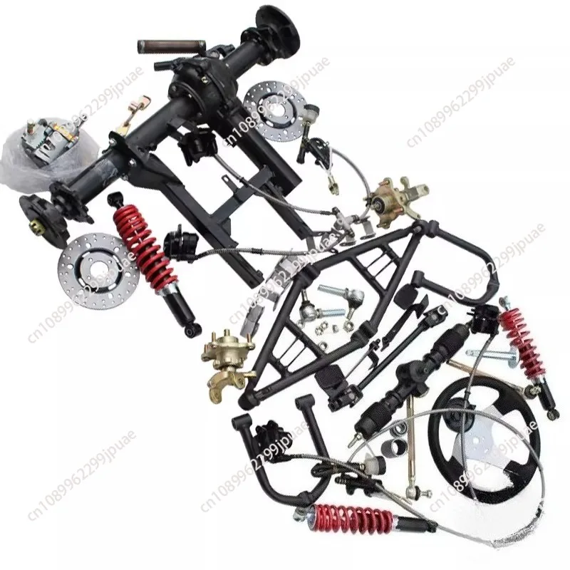 Modifizierter Go-Kart mit Vorder- und Hinterradaufhängung, Scheibenbremsen, Kardanantrieb, Differential, Hinterachse, Lenkungsbaugruppe und Reifen