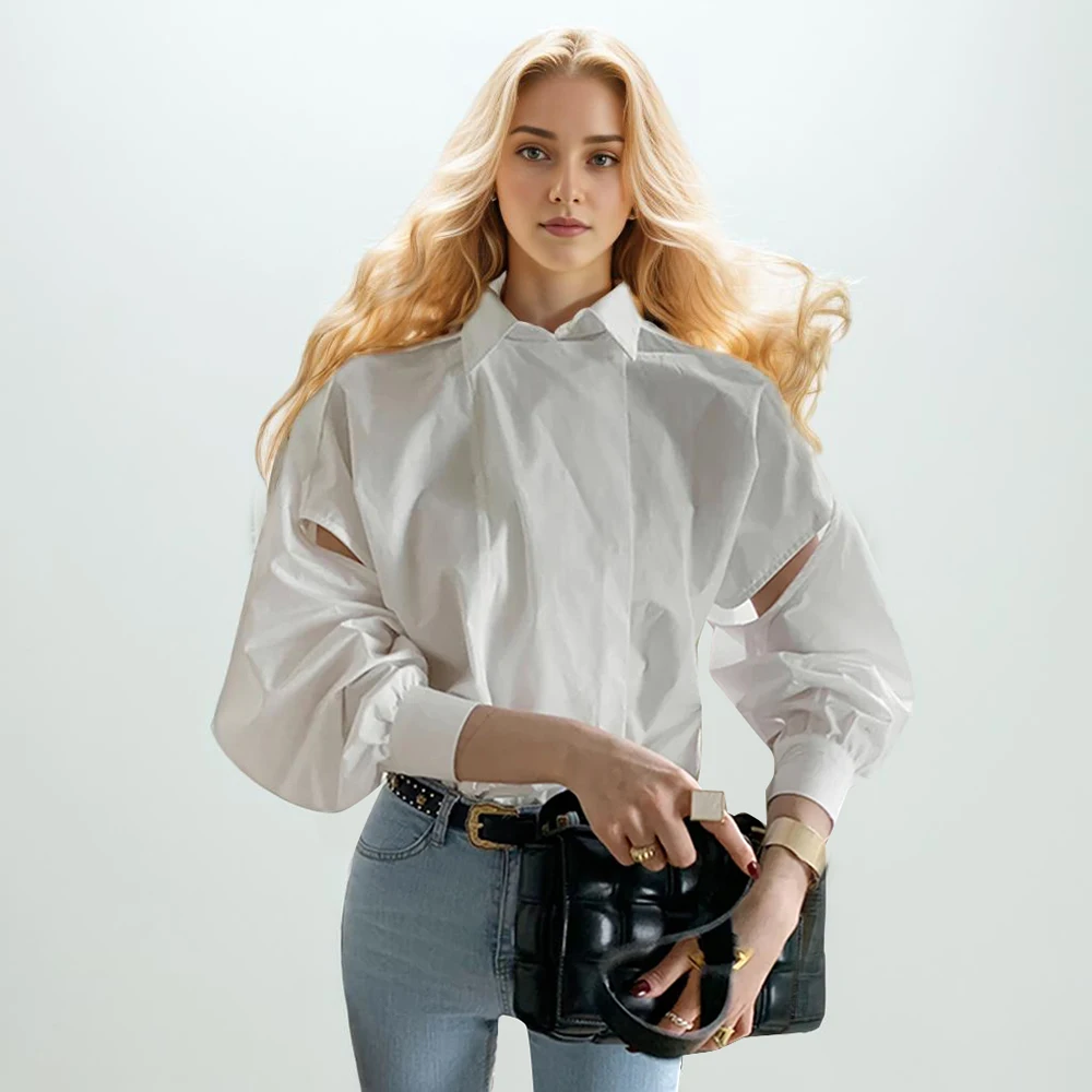 White Casual Minimalist Shirt For Women Lapel Collar Puff Long Sleeve Loose Blouse Female 2024 Autumn Clothing New