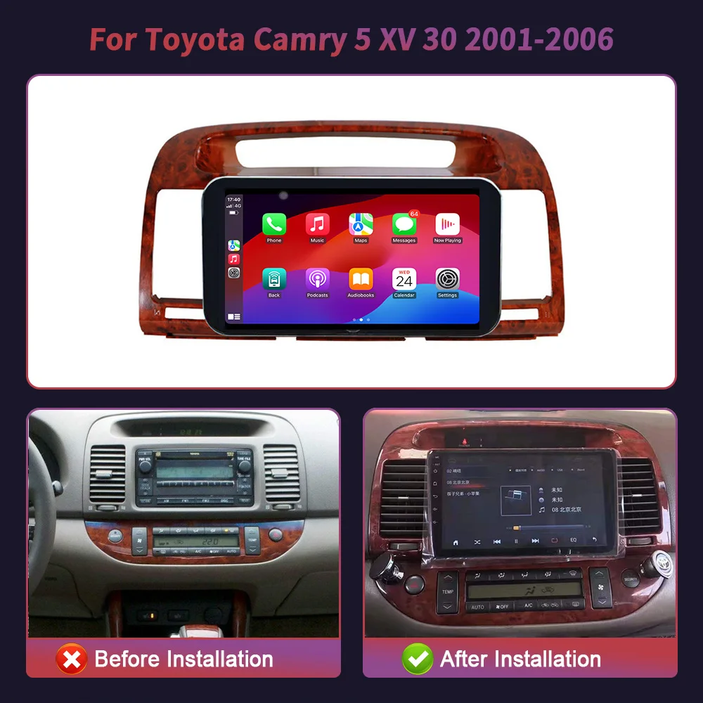 For Toyota Camry 5 XV 30 2001 - 2006 Red Car Radio Wireless Android Multimedia Navigation Apple CarPlay GPS Touch Screen Stereo