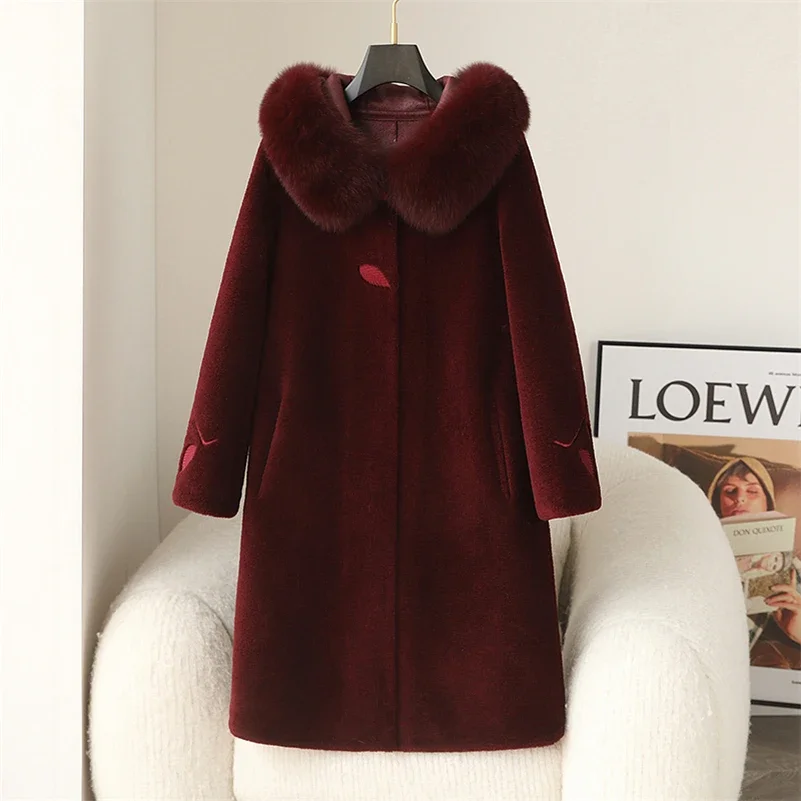 Women Winter Long Wool Fur Coat Jacket Female Fox Fur Collar Coats Lady Over Size Parka Trench CT251