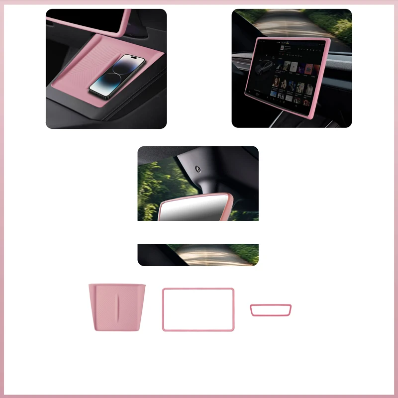 Für Tesla Model Y/YL/3 Highland Mittelkonsole Kabelloses Lade-Silikonpad Getränkehalter-Matte Rutschfeste Rosa Zubehörteile – Detail 3