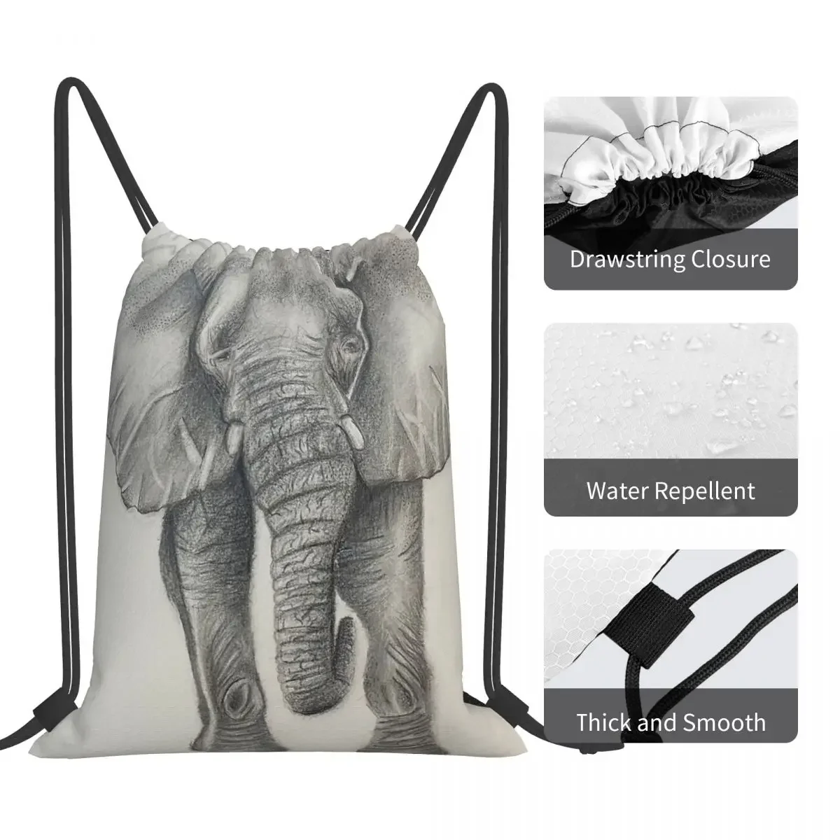 Mochilas de elefante en blanco y negro para hombre y mujer, bolsas portátiles con cordón, paquete de cordón, bolsa de almacenamiento de bolsillo, bolsa de libros para la escuela