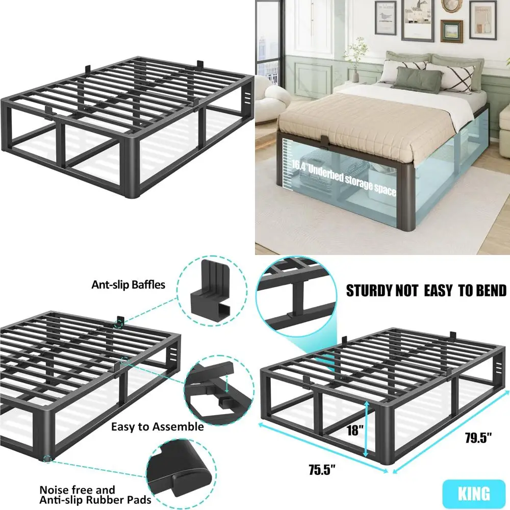

Sturdy 18 King Size Metal Bed Frame with Rounded Corners and Headboard Brackets, Supports up to 3500 lbs, Box Spring Not Require