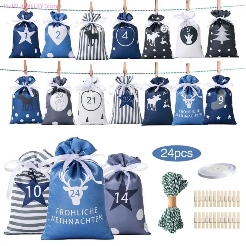 62KE Christmas Advent Calendar Bags DIY Craft 24 Advent Calendar Bags with Drawstring