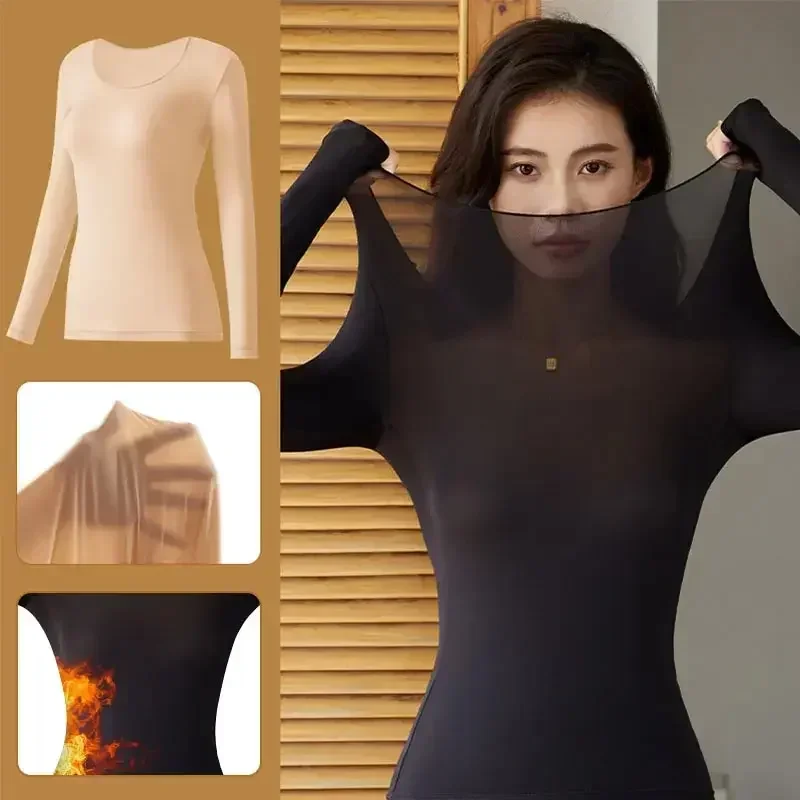 熱下着セット女性のための秋冬ボトリングシャツ長袖 Tシャツ薄いサーマルトップ女性のサーマルスキン