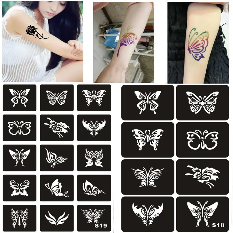 Modelo de estênceis de tatuagem de airbrush flor borboleta henna estêncil reutilizável para meninas glitter tatoo estêncil