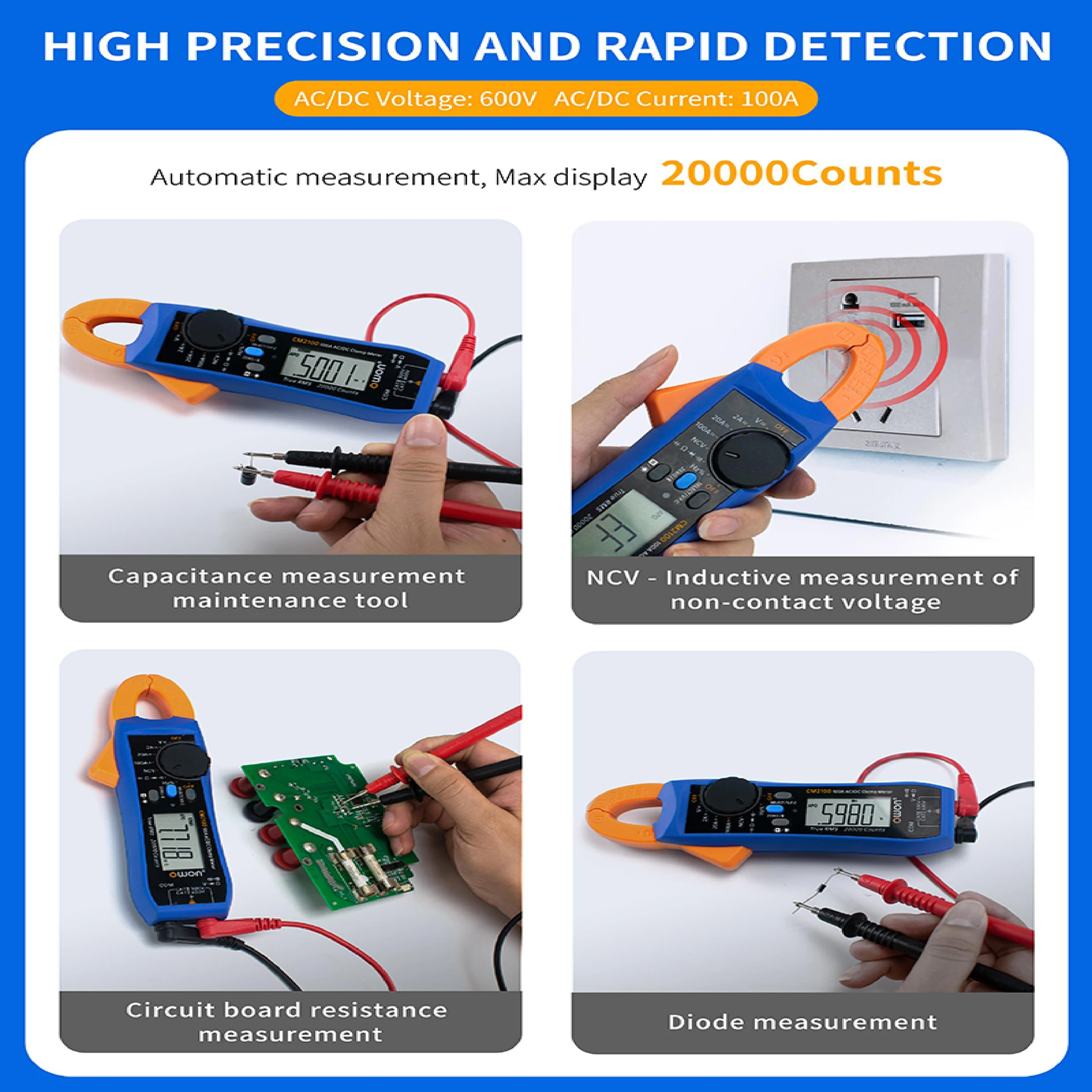 OWON CM2100 Mini Smart AC/DC Current Voltage Clamp Meter 100A 600V 20000 True RMS BLE Auto NCV Resistance Frequency Measurement