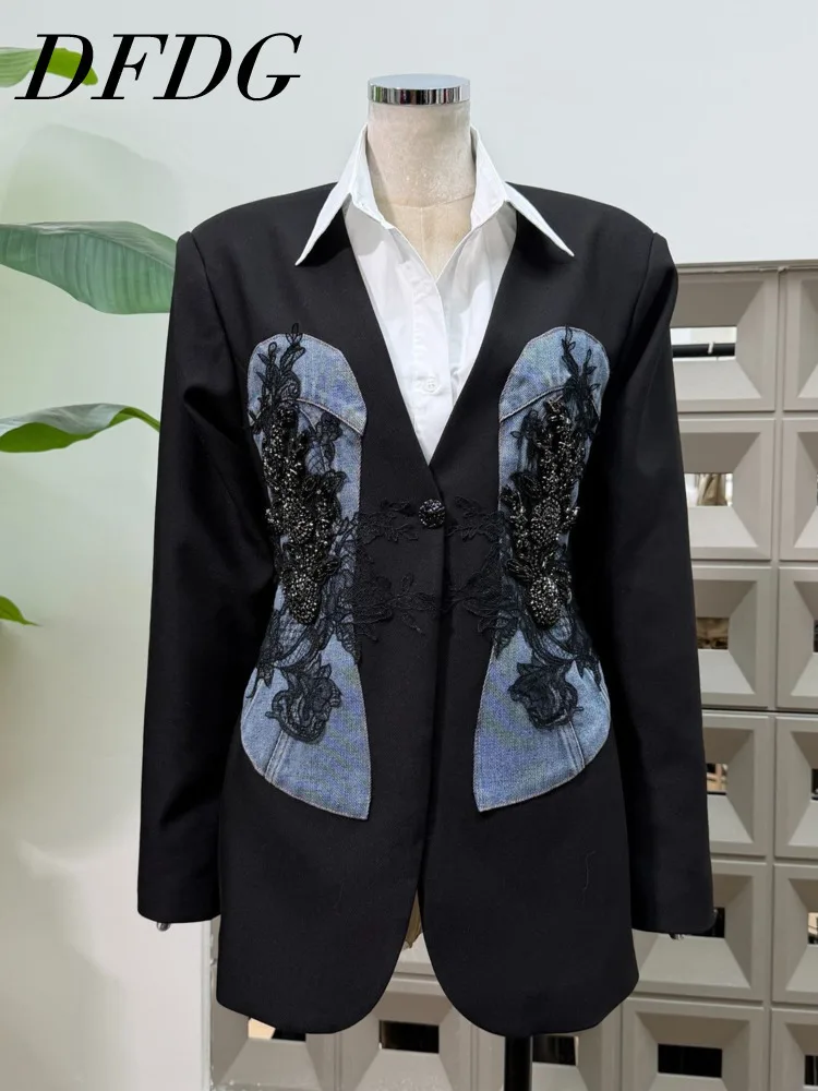 

DFDG 2025 New Designer Women's Blazer Lace Trim V Neck Spring Early Autumn Minimalist Elegant Chic Office Casual Women Blazer