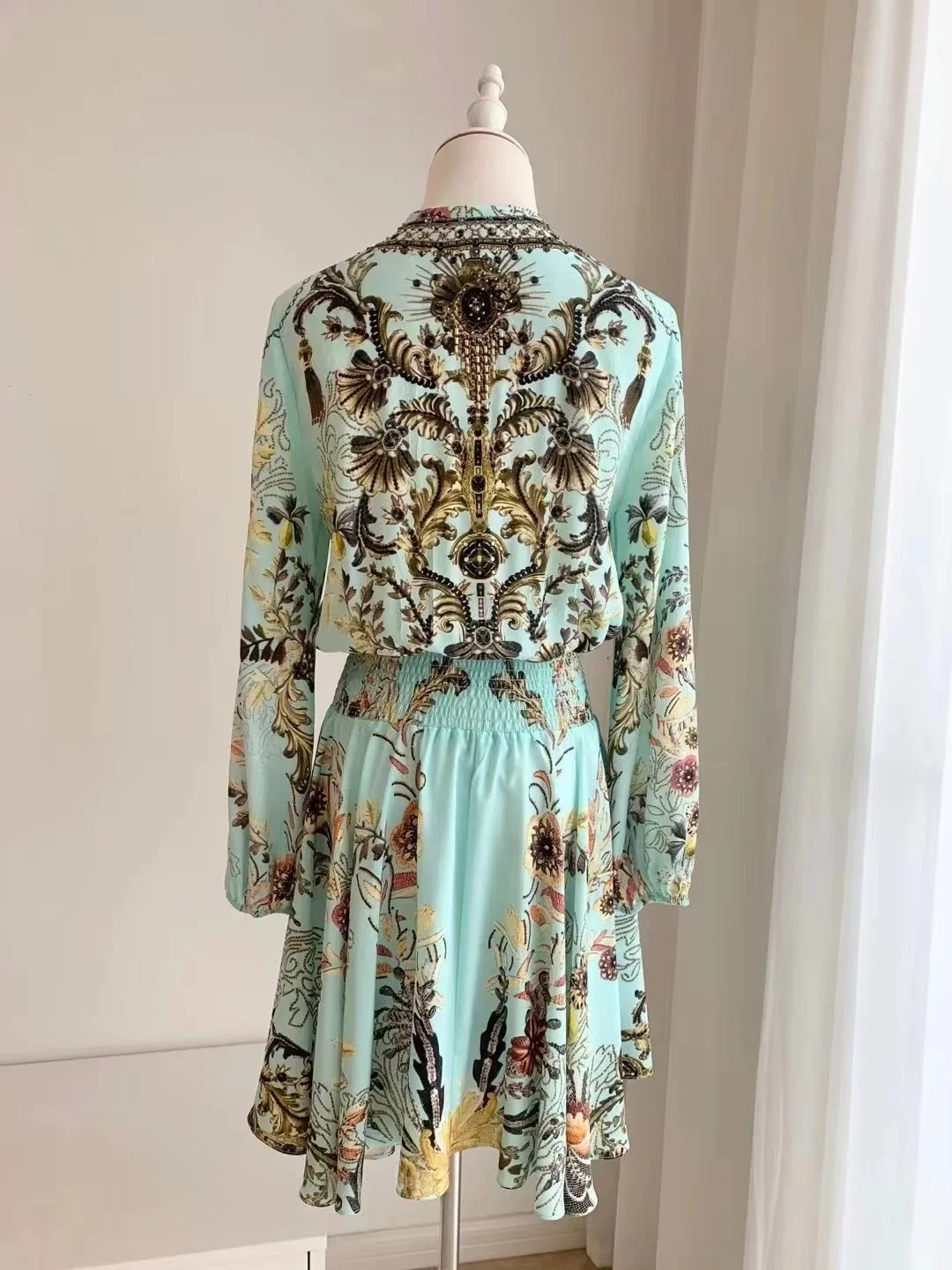 Women Beaded Dress Floral Print Lace-up V-Neck Elastic Waist Long Sleeve Vintage 100% Silk Mini Robe