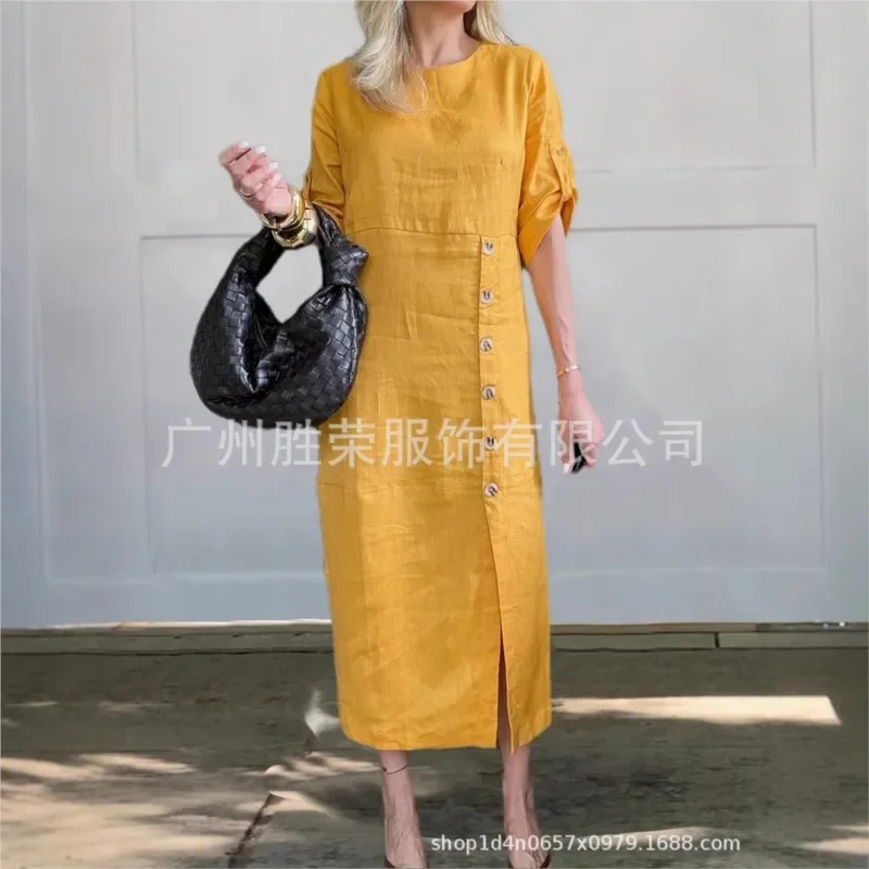 2025 Summer Cotton Women's Dresses O-neck Mid Sleeve Fashionable Button Loose Dresses Female Casual Trendy Office Ladies Clothes