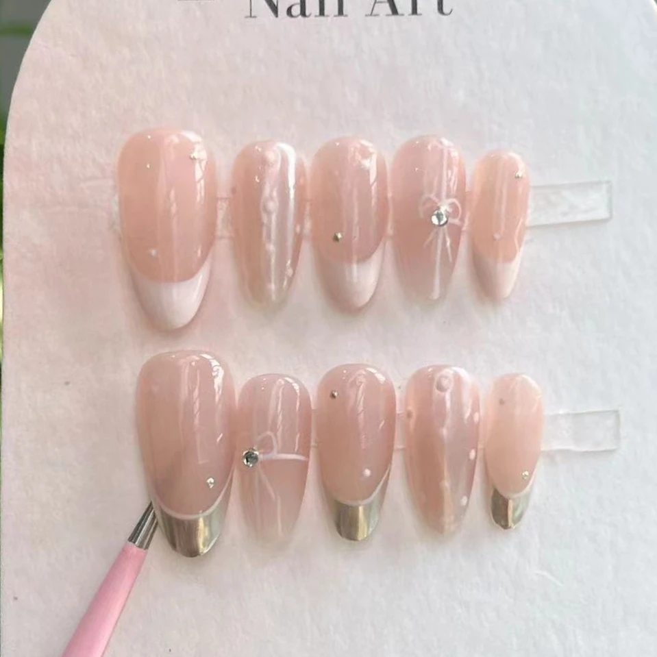 10 قطعة الصحافة اليدوية على الأظافر غطاء كامل الفراشات الراين تصميم الوردي اللوز الأظافر كاذبة يمكن ارتداؤها مانيكير مسمار نصائح الفن #3