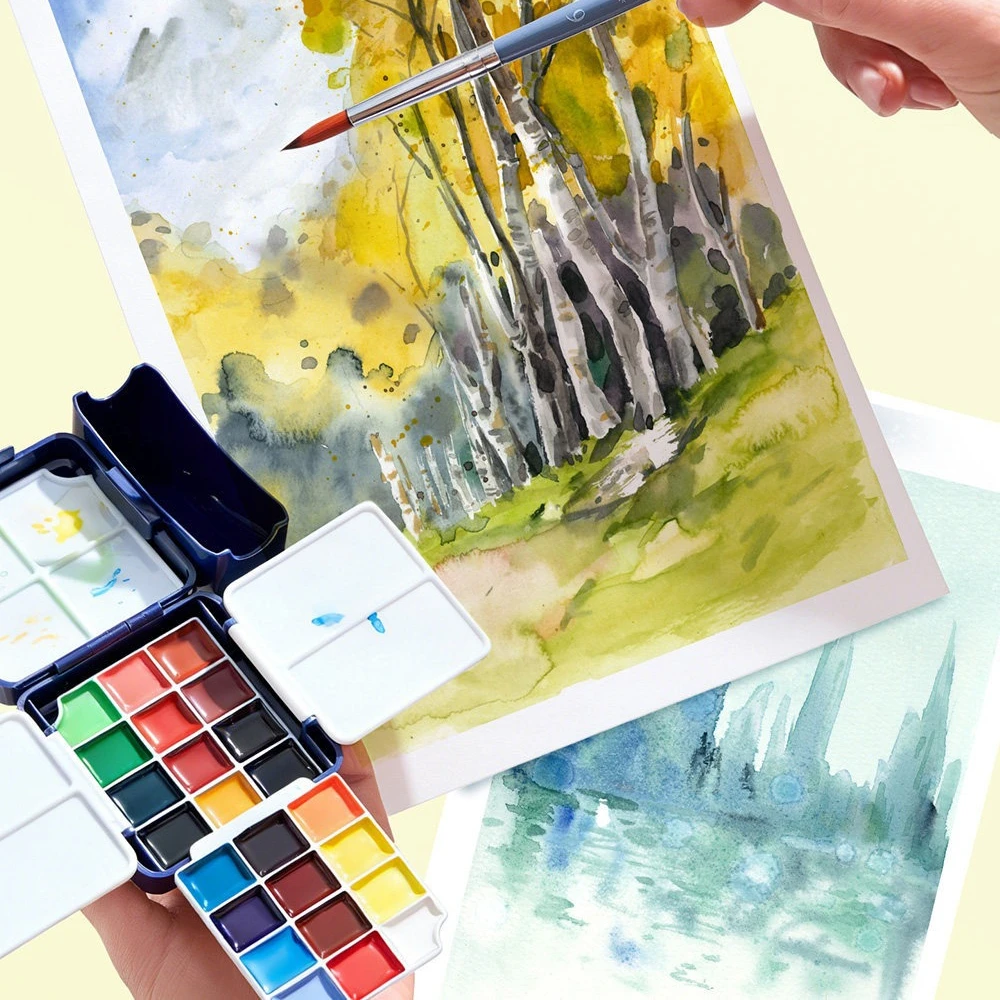 24 Colors Solid Watercolor Paint Set Portable Metal Box With Brush for Beginners Painting Students Doodling Artists Art Supplies