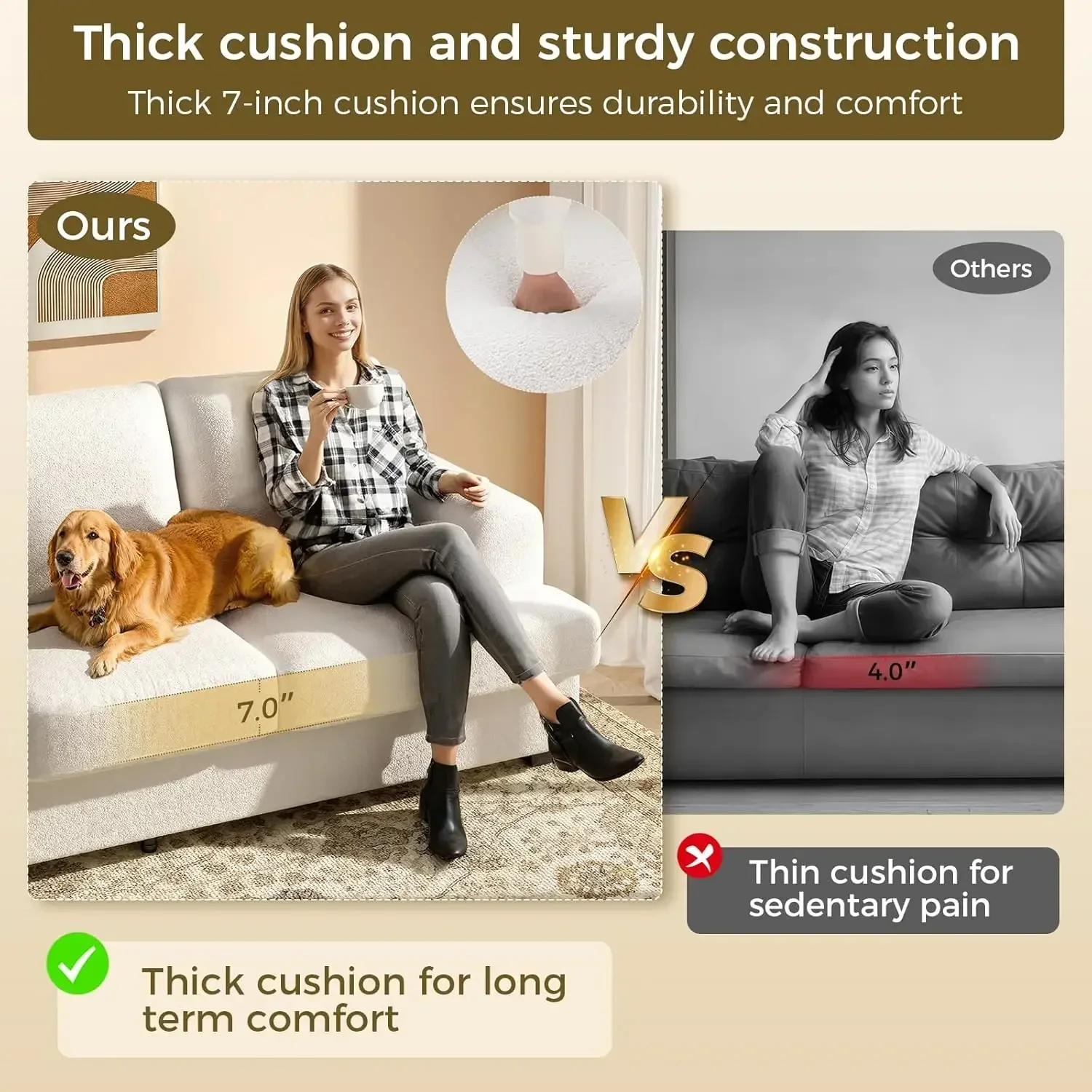 Sofá de 89 polegadas para sala de estar, sofá nuvem confortável com almofada grossa e apoio de braço largo