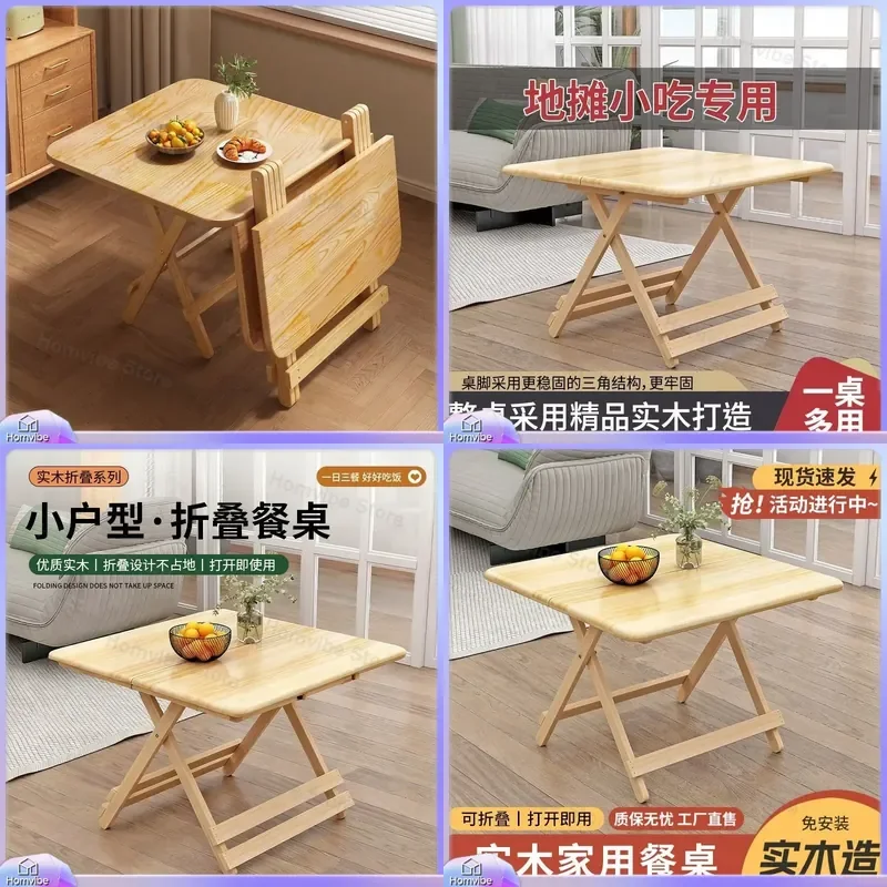 Solid Wood Folding Dining Table Foldable Eating Table for Household Simple Small Apartment Stall Table Free Installation