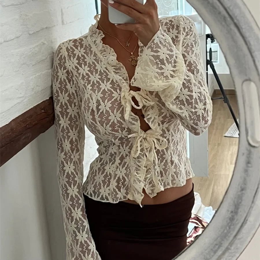 

Elegant Women Summer Lace Floral Tops Flare Long Sleeve Tie Front Sheer Slim Crop Cardigan Clubwear Blusa Mujer Moda