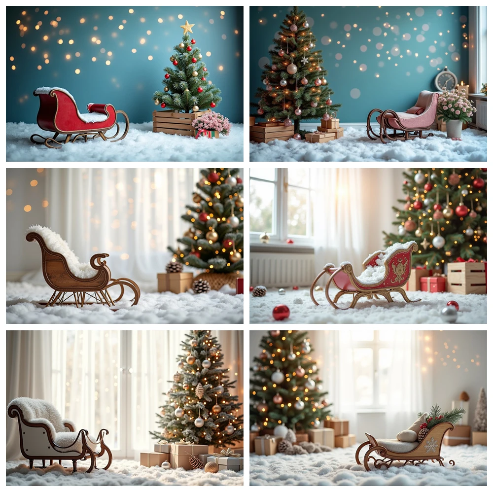 

MOON.QG Christmas Interior Back Drop Sleigh Snow Carpet Xmas Trees Backgrounds Party Decorations Shooting Props Photography