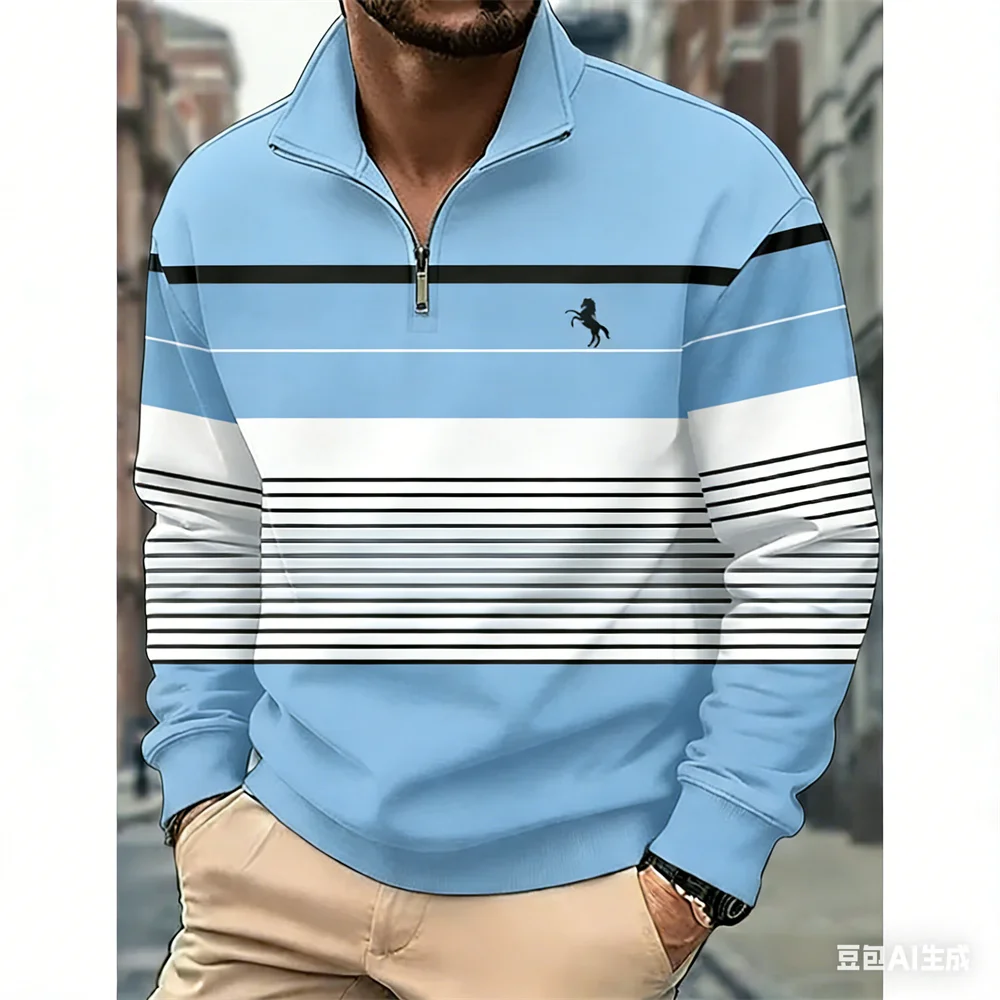 

Autumn winter Men's Zipper Hoodie fashion Horse stripe stand collar sweatshirt leisure hoodie with zipper sports Men's clothing