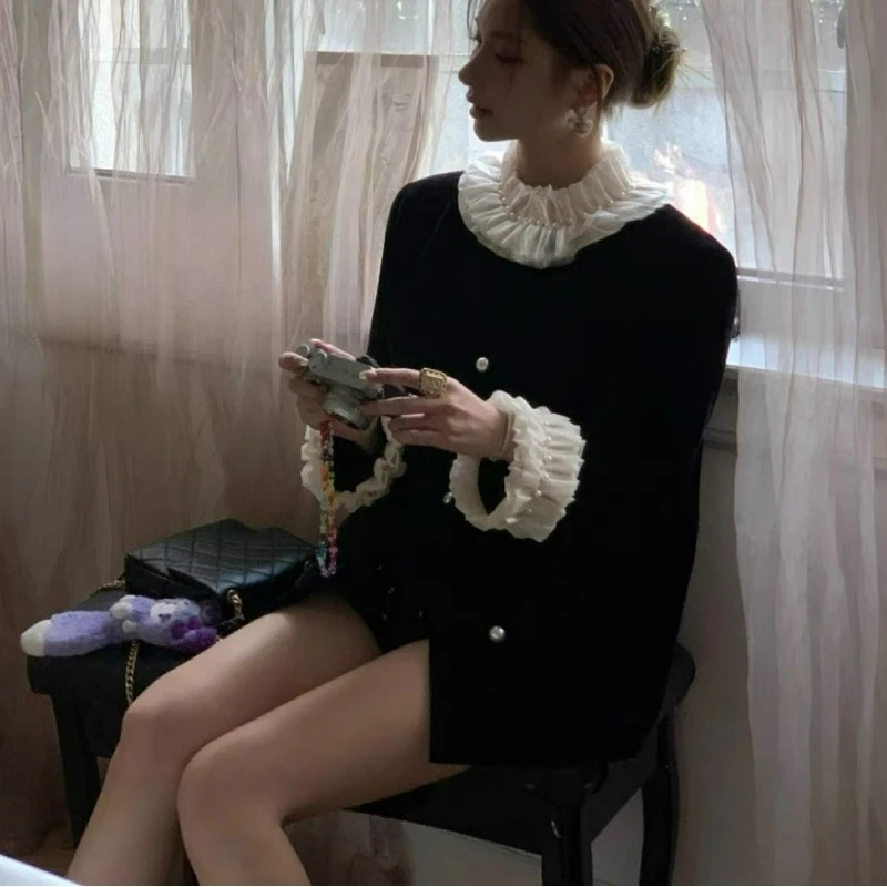 

Новая коллекция 2026: Модная женская верхняя одежда свободного кроя из черного бархата в стиле французского кэжуал для полных женщин