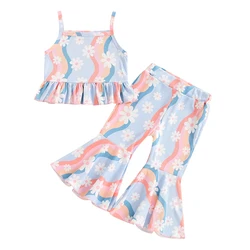 Toddler Girls Summer Outfits Wave Stripe Floral Print Ribbed Spaghetti Strap Tank Tops Flare Pants 2Pcs Clothes Set