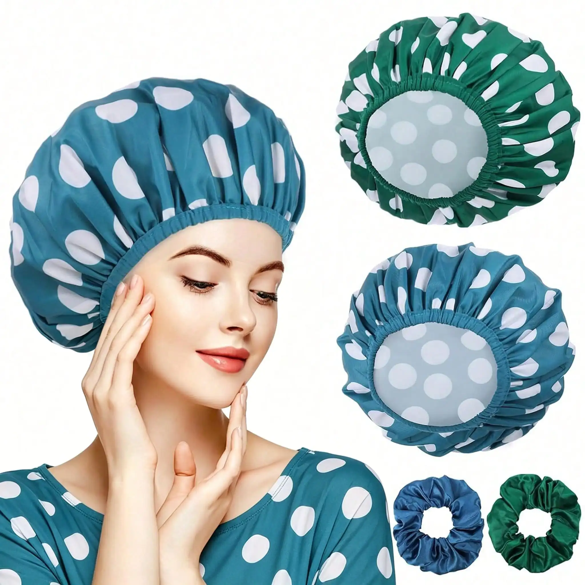 

2 Packs Large Shower Caps For Women, Waterproof Shower Cap Double Layers Bath Caps With Hair Scrunchies For Long Thick Hair