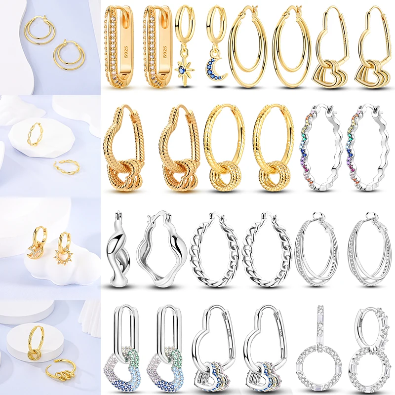 

Hot 925 Silver Earrings Luxury Rose Gold Color Heart Star Moon Earrings Original for Women Wedding Party Fashion Jewelry Joyas