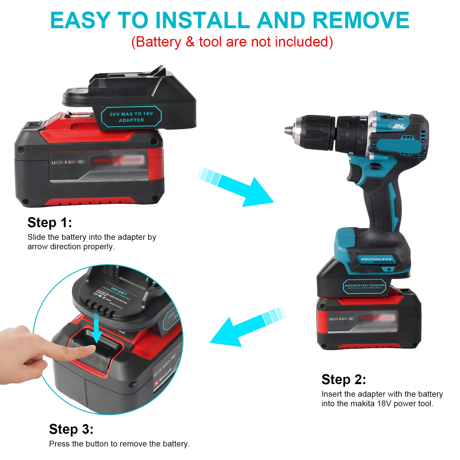 Adaptor for EINHELL 18V for XChang ozito battery  for makita 18V LXT tool use ,replace BL1840 BL1850 -PD22.5W QC 3.0  included