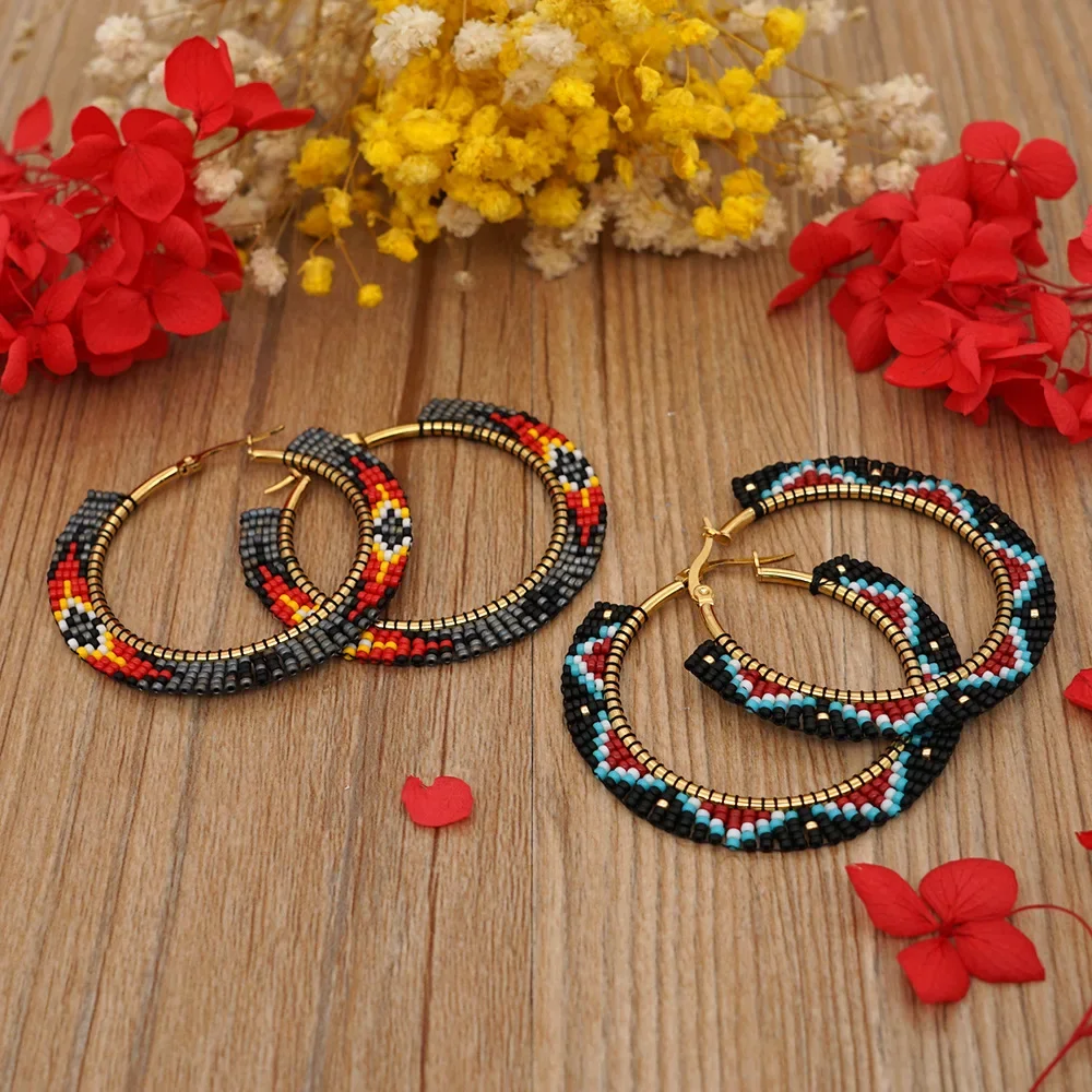 ZGMXR Rice Bead Earrings  Hand weaving  Colour  Exaggeration  Fashion  Alloy  Ma'am  Nation  Big ring earrings