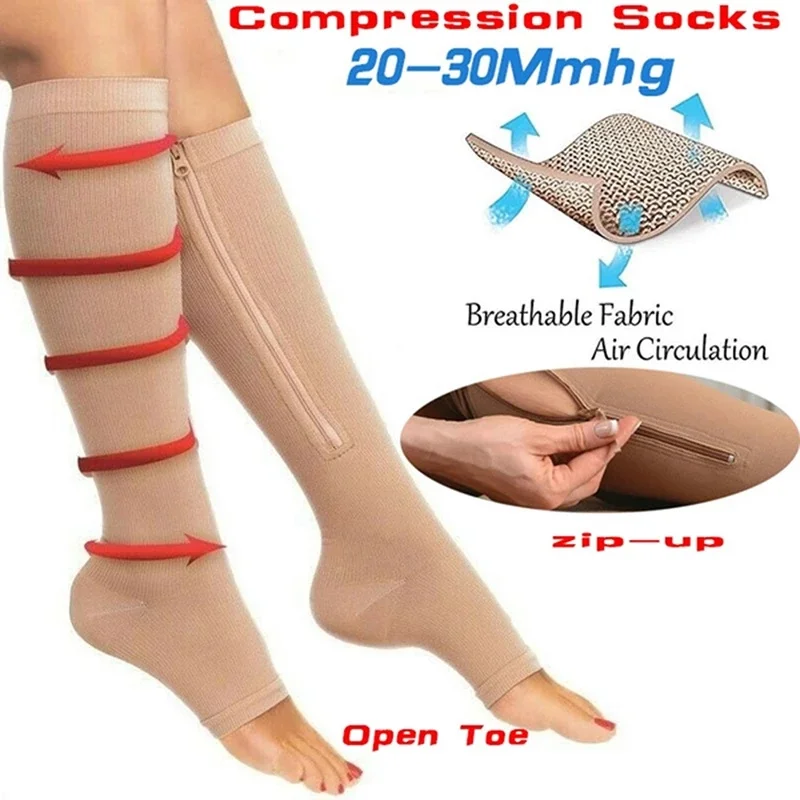 Compression Socks Running Sports Socks Hiking Men Women Knee High Zipper Socks Anti-Fatigue Compression Socks Stretchy Sox