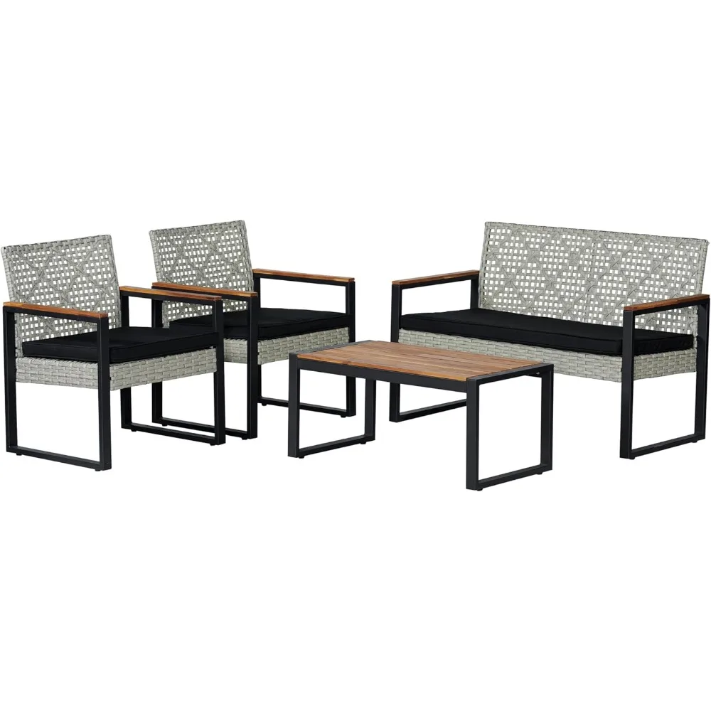 

4-Piece Modern Coastal Faux Wicker Conversation Outdoor Patio Set Industrial, Farmhouse, Mid-Century, Clas