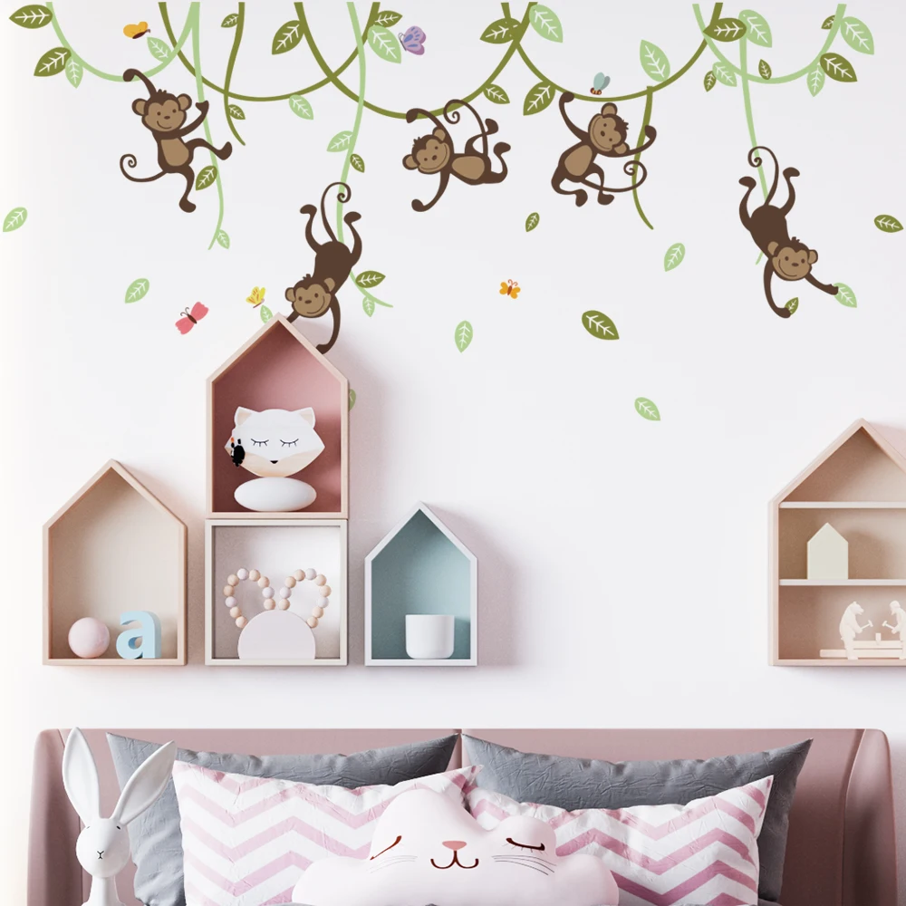 Monkey Vine Living Room Wall Stickers for Nursery Play room Kindergarten Decor Removable Self-adhesive Frosted PVC Kids Decals