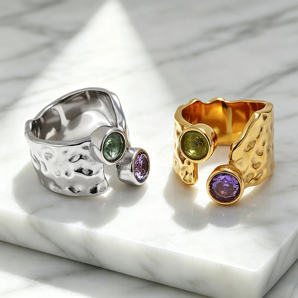 18K Gold Plated Stainless Steel Hammered Pattern Ring Colorful Open Ring Jewelry Gift for Women