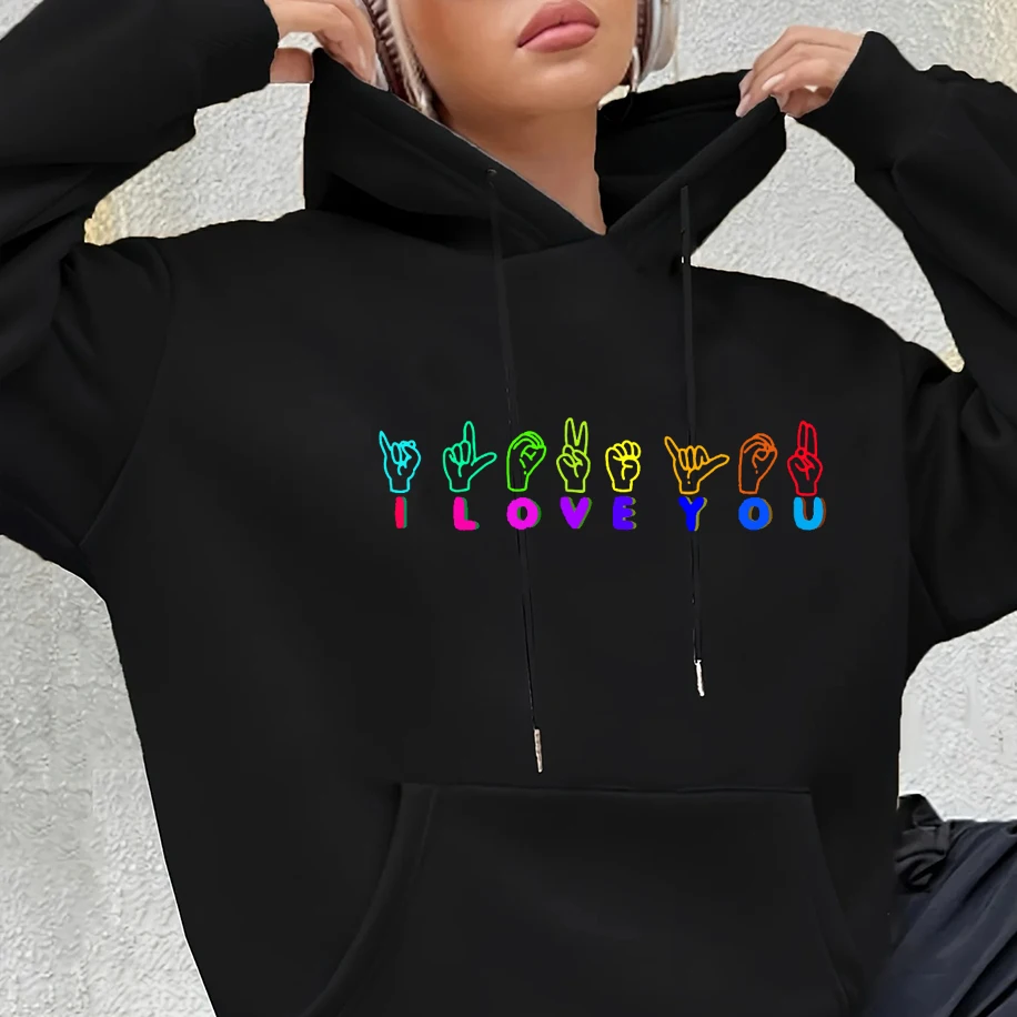 بارد ملون Je T'Aime لفتة مطبوعة الرجال النساء هوديي مضحك شخصية مصممة للجنسين أعلى فضفاض عارضة الهيب هوب البلوز #1