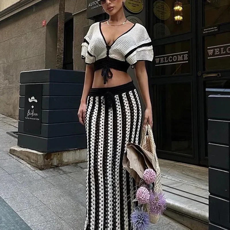 Striped Knitted Two Piece Set Women Outfit Elegant Clubwear Party Hollow Out V-neck Crop Top and Long Skirt Maxi Dress Sets