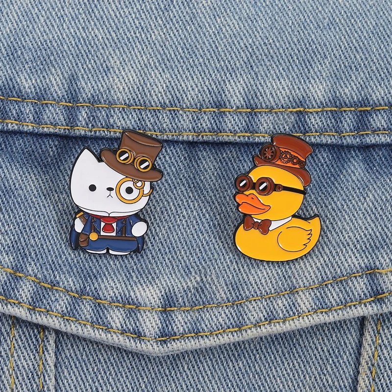 Steampunk Enamel Pins Fun Cute Cat Duck Brooches Lapel Badges Cartoon Cool Animal Jewelry Gift for Kids Friends
