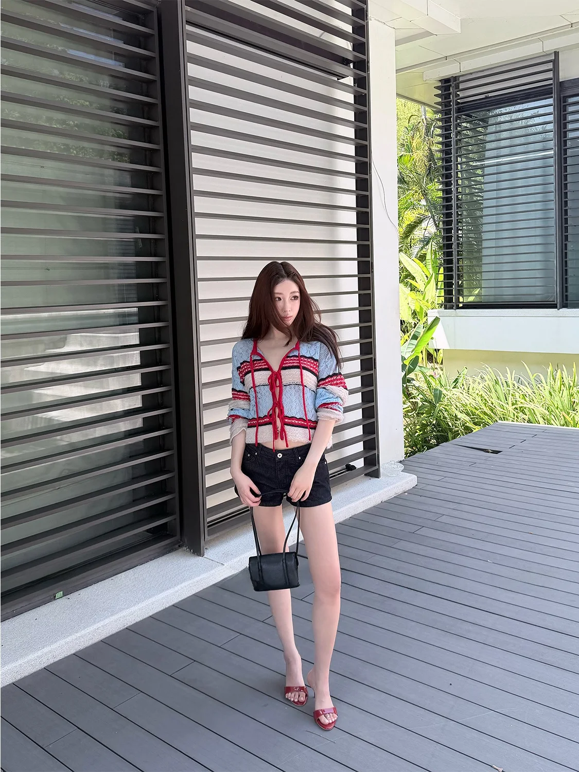 

FORNIYOYO Candy Miss Stripe Hollow out Knitted Sweater with Belt Women's Long Sleeve round Neck Short Length Nylon F...