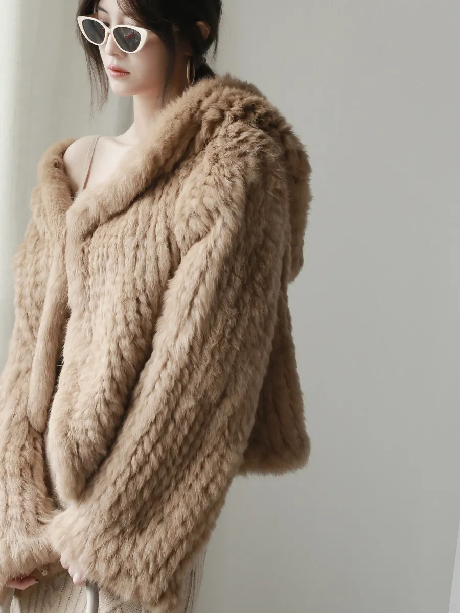 Long Sleeve Casual Loose Knitted Real Rabbit Fur Hooded Coat Women Genuine Natural Rabbit Fur Outwear Female Fur Jacket