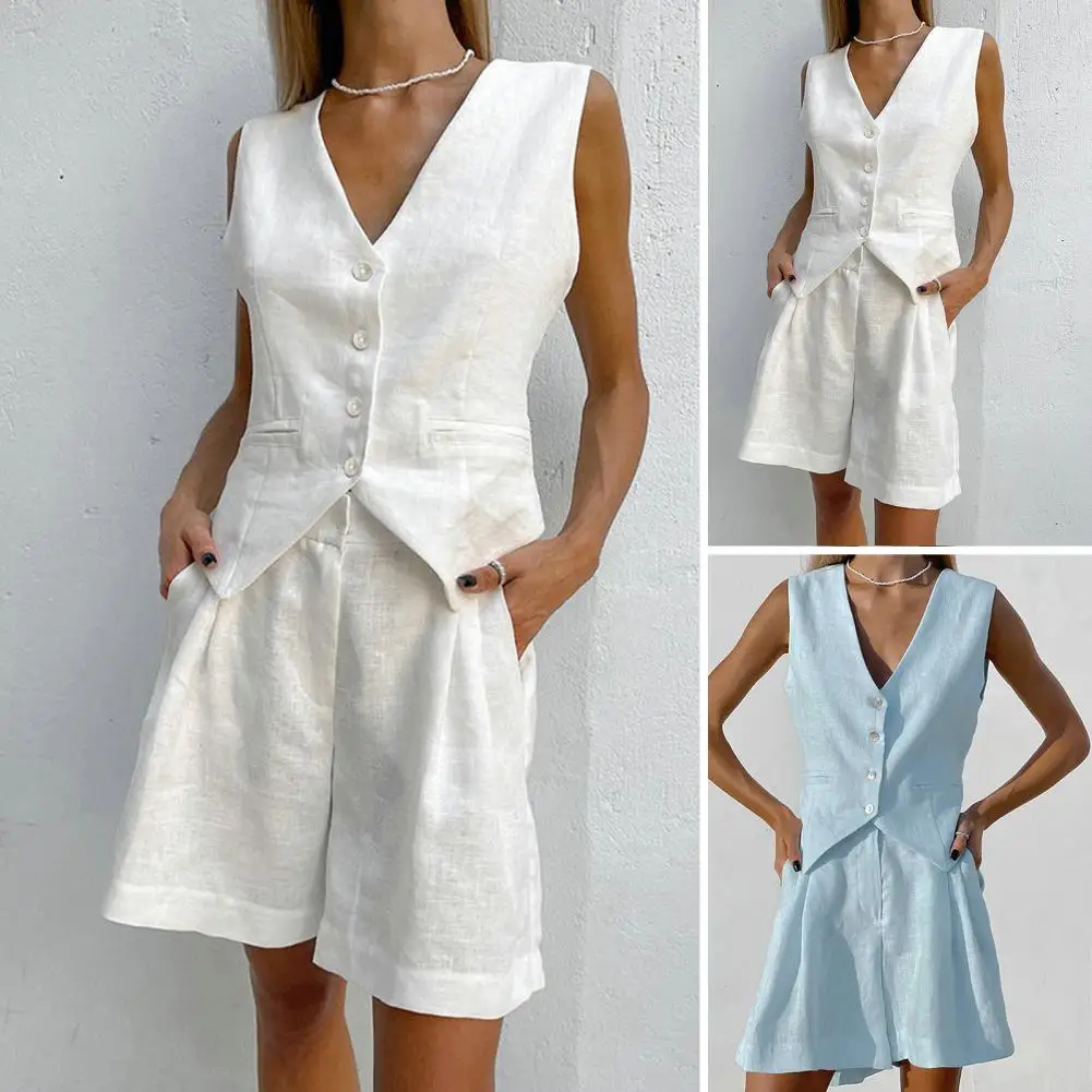 

2Pcs/Set Fashion Linen Vest Tops+Straight Pants Office Suit Summer V Neck Casual Sleeveless Ladies Waistcoat Top Shorts Suit