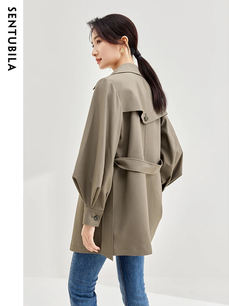 SENTUBILA Notched Double-breasted Trench Coats for Woman 2024 Winter Autumn Jackets Detachable Tie Belt Lantern Sleeve Outerwear