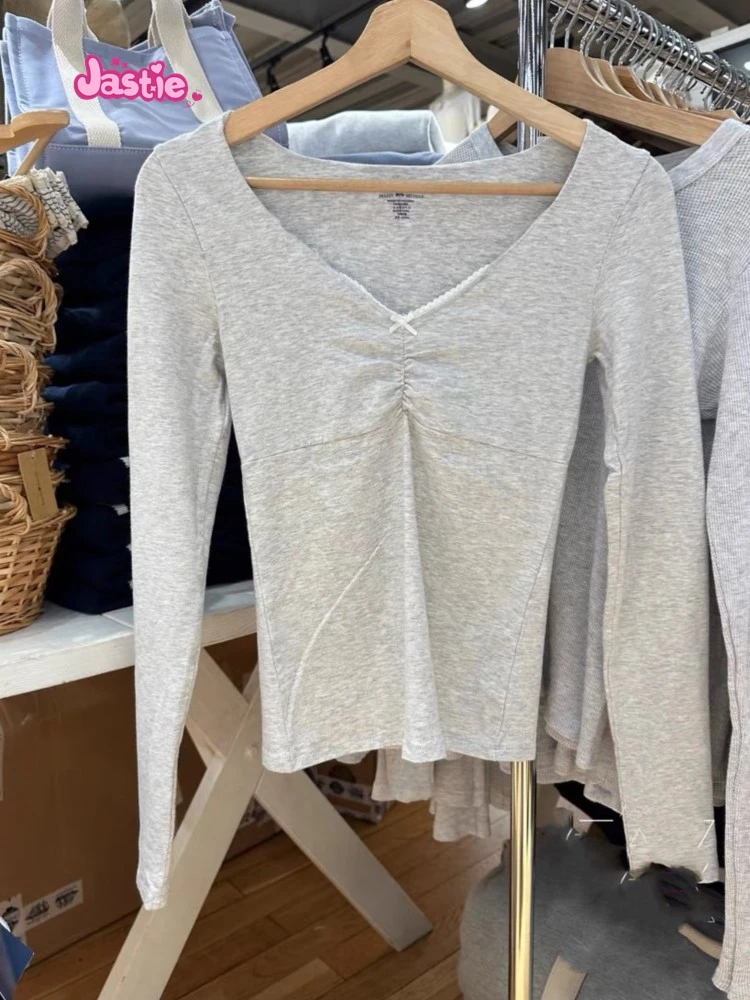 Bow Grey V-neck Long Sleeve Tees Lace Trim V-neck Tight Women T-shirt Autumn Spring Solid Color Casual Crop Top Y2K Tight Tshirt