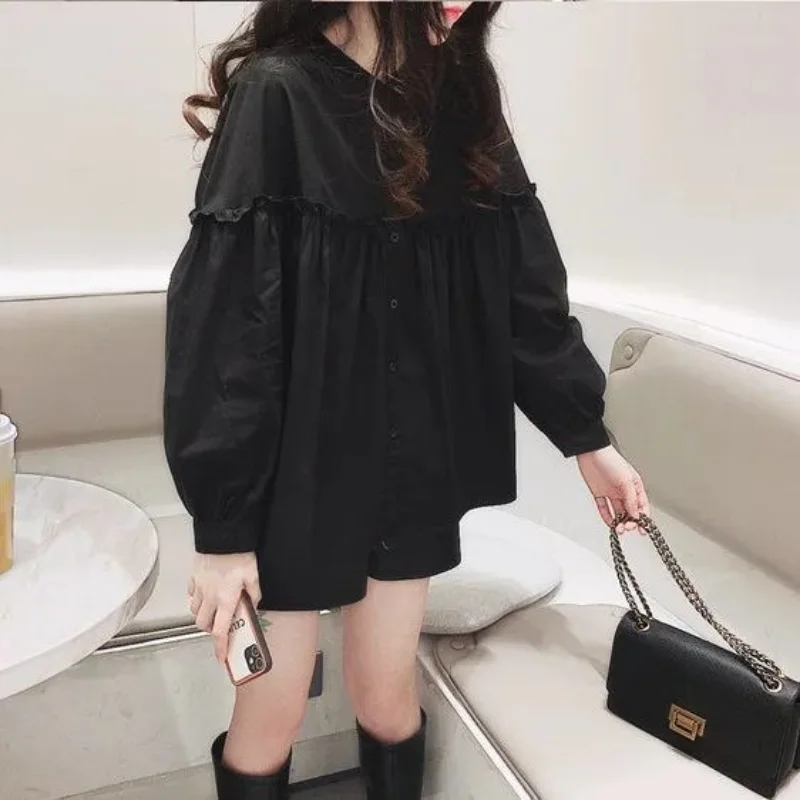 2023 Spring and Summer Korean Edition Reduced Age Casual Loose Fit Round Neck Versatile Sweet Fluffy Single Breasted Doll Shirt