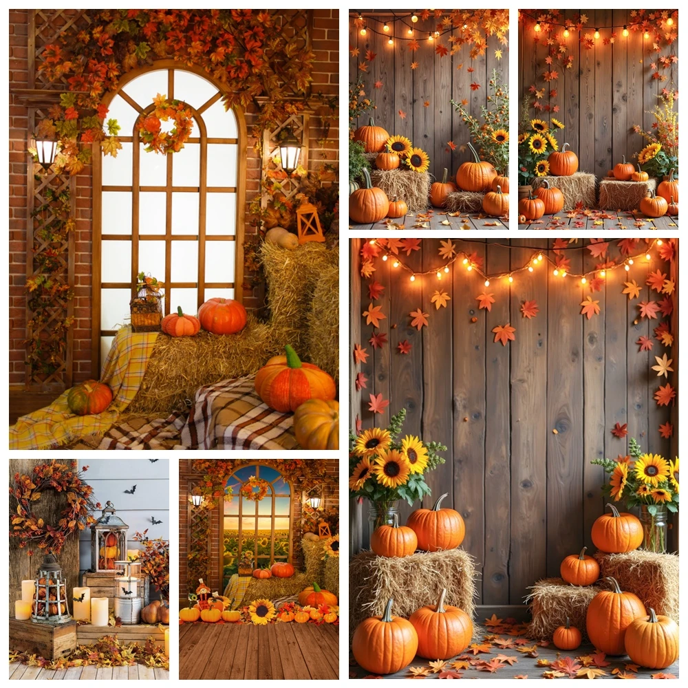 Autumn Thanksgiving Photography Background Fall Wooden Floor Pumpkin Maple Leaves Sunflowers Barn Kids Portrait Photo Backdrop