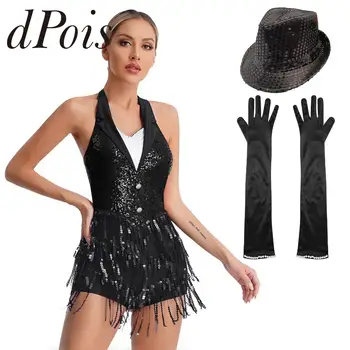 여성용 현대 라틴 댄스 의상, 반짝이는 스팽글, 볼룸 재즈 탱고 살사 댄스 레오타드 턱시도 바디 수트, 할로윈 파티 코스튬