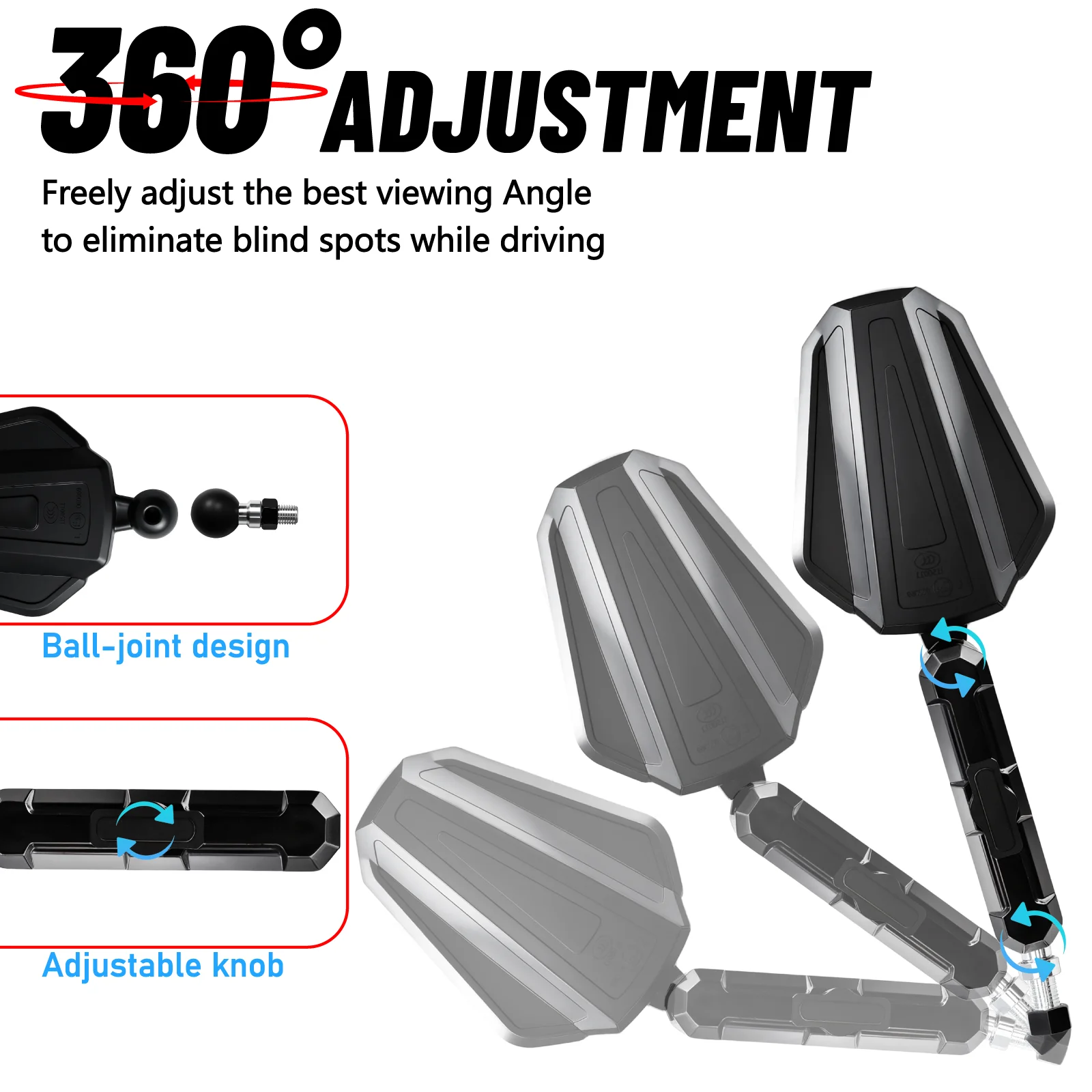 1Pair Universal Motorcycle Mirrors Angle Adjustable Folding Handlebar Side Mirror Compatible With Adventure Dirt Street Bike ATV