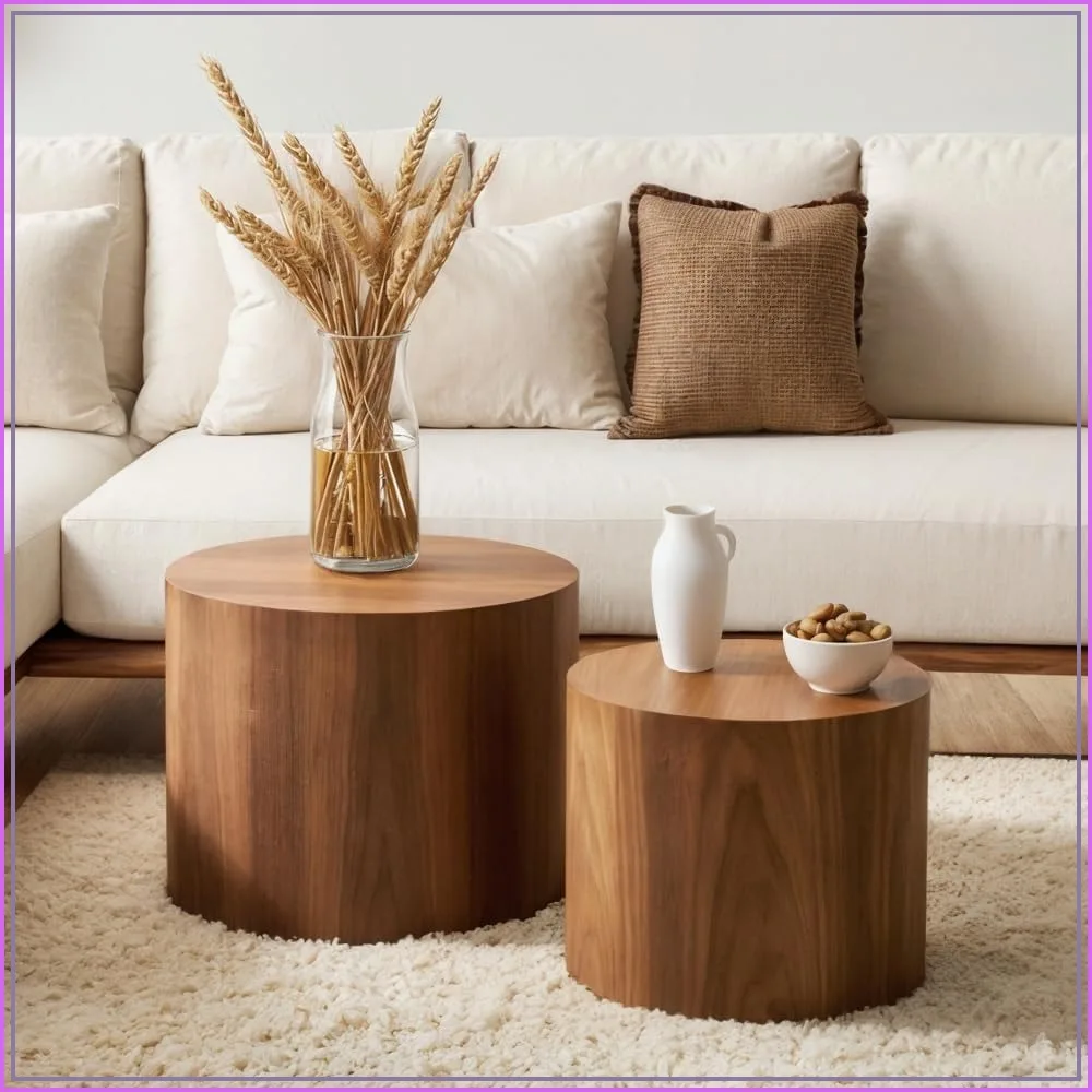 Set of 2 Walnut Wood Nesting Coffee Table Set Non-Slip Feet