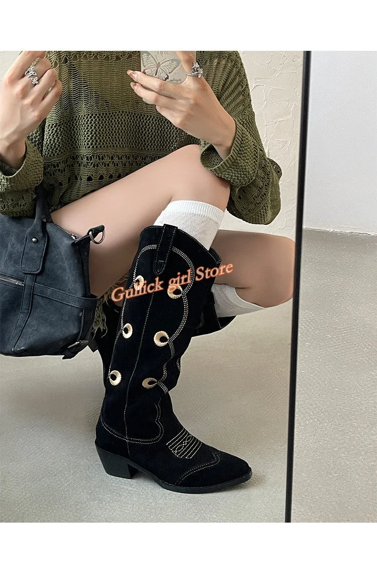 

Heel 5 cm Block High Heel Boots Knee High Holes Decor Suede Black Beige Sexy Pointy Toe Slip On Runway Women Dress Shoes